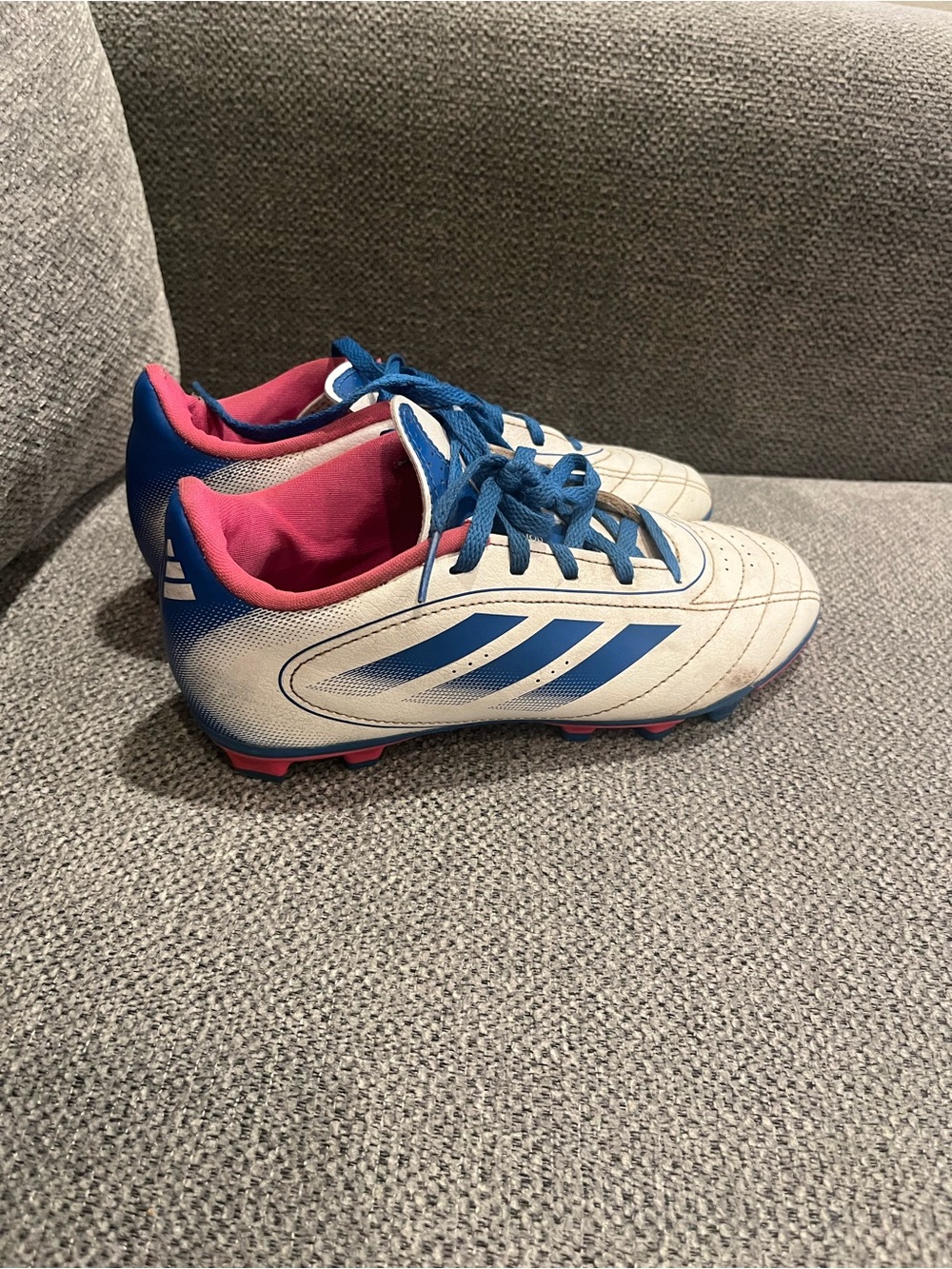 adidas White & Blue Kids Soccer Cleats with Pink Lining